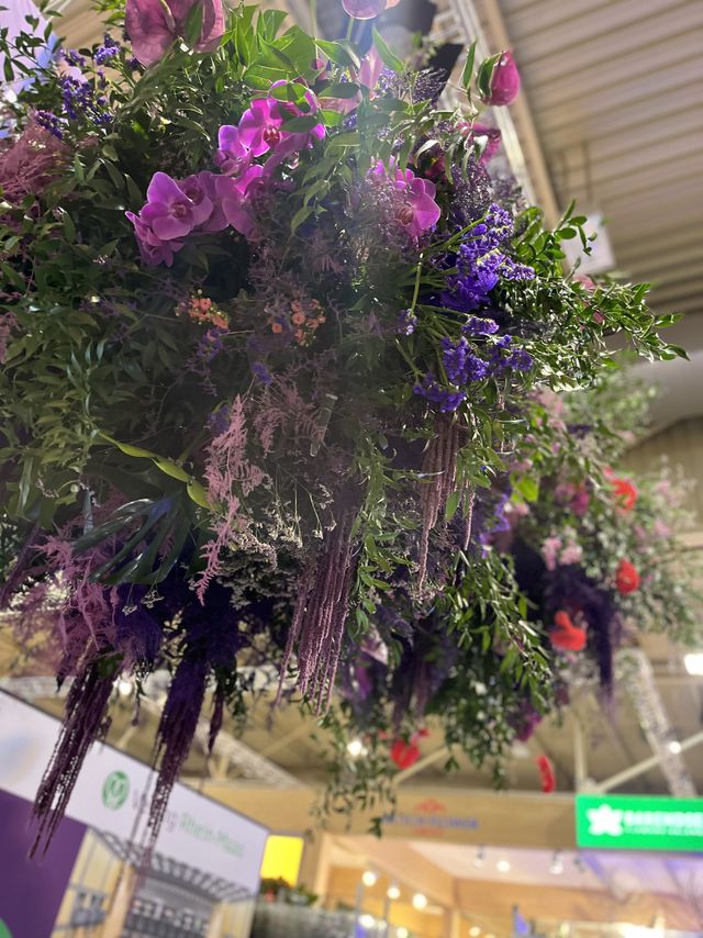Flowercloud, Blumenwolke, großes Blumengesteck, frische Blumen, Messe Essen, IPM, Landgard, Rusöus, Orchideen, pink, magenta, lila, hanging, Ruhrgebiet,